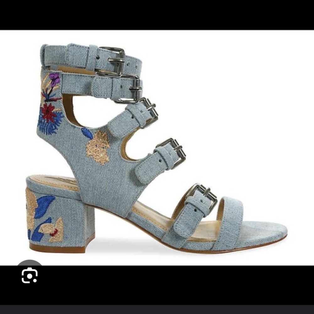 Blue and Red Block Heel Sandals with Buckle Straps